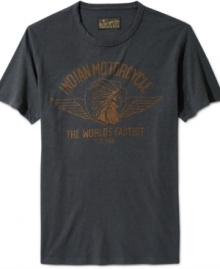 Lucky Brand celebrates America's first motorcycle brand in this graphic tee emblazoned with a vintage-look Indian Chief emblem.