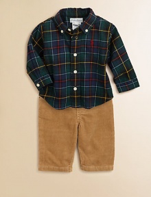 An ultra-preppy set includes a tartan plaid woven cotton shirt, a corduroy pant and a matching grosgrain ribbon belt. Shirt Button-down collarLong sleevesButton-frontShirttail hemPants Waistband with belt loopsSewn faux flyCottonMachine washImported Please note: Number of buttons may vary depending on size ordered. 