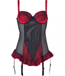 Get the sultry glamorous look of a vintage 1950s pin up girl in Von Follies by Dita Von Teeses black and luxury red spotted stretch mesh ruffled fitted chemise - Underwire style, lightly padded structured cups, slinky red lightweight satin detailing over sheer black hail spot stretch mesh, scalloped trim on cups, wide adjustable straps, adjustable back hook-and-eye closures - Sheer mesh body, sheer black hail spot mesh over luxury red satin ruffled trim around hemline, stitched satin and lace garter straps with clips - Wear with silk stockings for a seriously seductive look