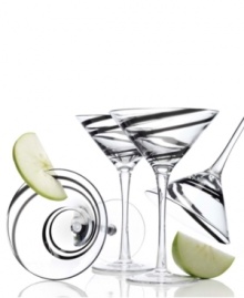 A ribbon of black in clear glass adds bold style to any martini, shaken or stirred. With a thick sham and sturdy construction, this martini glass is a sophisticated twist on the ordinary.