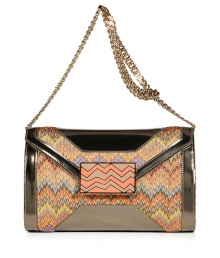 Channel the sophisticated side of the seventies with this zigzag printed statement clutch from Missoni - Classic envelope shape, front flap with decorative snap closure, knit body with metallic leather trim, chain-detailed shoulder strap, small inside zip pocket - Style with a flirty cocktail frock and heels or a boho-inspired mini-dress and booties