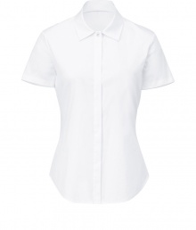 Inject high style to your workweek staples with this streamlined iteration of the classic white blouse from Theory - Spread collar, short sleeved, concealed front button placket, rounded hem, fitted silhouette - Style with a pencil skirt, a cashmere cardigan, and classic pumps