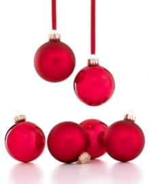 Cheery in cherry. Half matte, half shiny, these Martha Stewart Collection Christmas ornaments are totally classic in simple red glass.