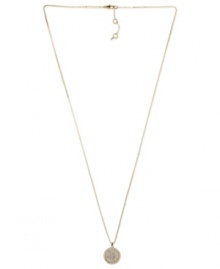 Understated appeal. Michael Kors' necklace, crafted from gold ion-plated steel, features a concave glass pave pendant for a subtle, yet stylish, statement. Approximate length: 30 inches + 2-inch extender. Approximate drop: 3/4 inch.