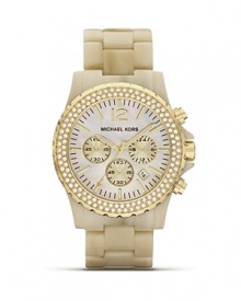 A gold-tone and crystal-rimmed bezel crowns this lush faux-horn timepiece with opulent polish. Take your sartorial cue from all-American style with this watch from MICHAEL Michael Kors.