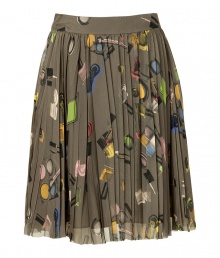 A quirky-cool candy print covers this chic pleated skirt from Moschino C&C - Sheer pleated overlay with candy print, solid underlay, concealed side zip closure - Wear with a cropped sweater, a tie-neck blouse, or a girly tee