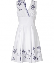 Stylish white V-neck dress with blue embroidery from Ermanno Scervino - Whimsical embroidery elevates this lovely dress - Sleeveless, wrap-detailed top with embroidery, full skirt with embroidery detail, side zip closure - Pair with a shawl cardigan, wedge pumps, and a shopper tote