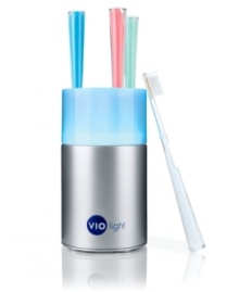 A quick rinse won't render your toothbrush completely clean. For healthy teeth, you'll need a healthy toothbrush (tm) that's where the Violight sanitizer comes in. Using proven germicidal ultraviolet technology, this stylish caddy kills 99.9% of germs on contact. One-year warranty. Model VIO100.