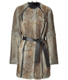 With its cool pieced patterning and exquisitely soft rabbit fur, this belted coat from Faith Connexion is a luxury investment tailored to multi-season sophistication - Collarless, long sleeves, leather accents, self-tie sash, slim fit - Style with a crisp white top, leather leggings, and chic ankle boots