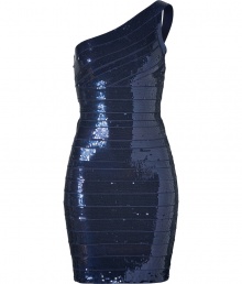 Channel the look of Hollywood glamour in this Herv? L?ger figure-enhancing bandage dress featuring an on-trend asymmetrical neckline and allover sequinning - One-shoulder bodice with seaming details, figure-enhancing bandage panels, back and side seam details, concealed back zip closure - Style with statement heels and a bold leather jacket