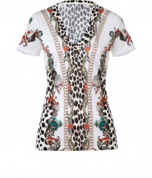 Work a fantastical edge into your chic casual looks with Roberto Cavallis jewel-detailed printed creature tee - V-neckline, short sleeves - Fitted - Wear with solid separates and bright leather accessories