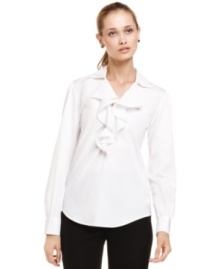 The classic white shirt gets a feminine makeover from Nine West. Cascading ruffles add a soft touch that's perfect for pairing with suits and work separates.