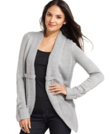 AGB's latest sweater is a stylish casual layer with its ribbed shawl collar, buttoned tab details, and chic rounded hem.