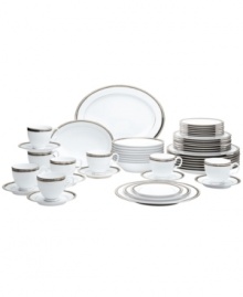 Make the occasion memorable with the Austin Platinum dinnerware set from Noritake. Timeless porcelain trimmed in bands of textured platinum and black elevate your meal with quiet sophistication.