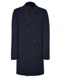 With classic military-inspired styling, this sleek wool overcoat from Baldessarini boasts warmth and effortless urbane-cool appeal - Large spread collar, epaulets, long sleeves, double-breasted with front button placket, slash pockets, tonal stitched back yoke, back vent - Classic straight cut - Pair with slim trousers, a cashmere pullover, and brogues