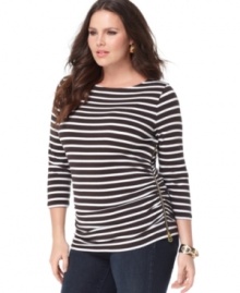 Zip up an on-trend look with MICHAEL Michael Kors' three-quarter sleeve plus size top, showcasing a striped pattern.