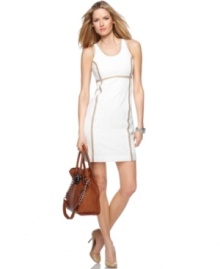 Contrast trim adds a graphic edge to this lace MICHAEL Michael Kors petite sheath dress -- a classic look with a contemporary twist!