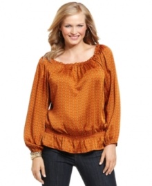 Land chic casual style with MICHAEL Michael Kors' long sleeve plus size peasant top, accentuated by a cinched waist.