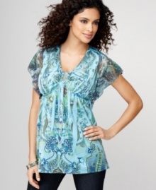 Lovely lace puts a seductive spin on One World's printed tunic. The metal hardware in front add appealing contrast, too!