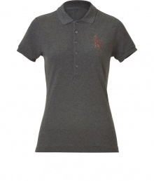 For a chic riff on a venerable classic, try Ralph Laurens crystal logo polo shirt - Soft yet durable charcoal grey pique cotton - Slim, slightly longer cut tapers gently through waist - Small collar, short sleeves and five-button placket - Hem hangs slightly longer in the back - Casually cool, ideal for everyday leisure - Pair with skinny jeans, pencil skirts or slim trousers