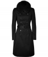 Cover up in luxe style with this fur-trimmed satin trench from Burberry London - Large fur collar, long sleeves, epaulets, front button placket, double-breasted, belted waist, flap pockets, buttoned back yoke, back vent - Wear with an elevated jeans-and-tee ensemble or a cocktail look