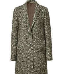 Elegant coat in beige wool blend - Designed in fashionable herringbone for a classic, sophisticated look - Narrow silhouette falls at thigh - Moderately deep lapel, two buttons closure, three flap pockets and a back vent - Exceptional choice for every day use - Wear with a cashmere pullover, pencil skirt and knee-high boots