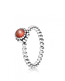 This birthstone ring features a beaded silver band with a polished carnelian solitaire. Perfect worn on its own or stacked with other PANDORA pieces.