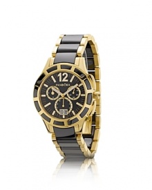 A bold black ceramic and gold-plated stainless stain watch from PANDORA, featuring a chronograph dial and the collection's signature black diamond crown.