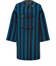 Lush, densely woven knits and an elegant, eye-catching navy and petrol blue stripe motif make M Missonis long jacket a major must - Fluid, straight silhouette - Wide, 3/4 sleeves and round neck - Toggle closure and decorative chocolate leather piping - Versatile and polished, perfect for pairing with everything from jeans and a long sleeve t-shirt to a button down and leather pants or a pencil skirt