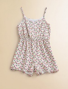 This perky one-piece is splashed with vivid polka dots for the perfect warm weather ensemble.ScoopneckSpaghetti strapsPull-on styleElastic waistShell: 96% cotton/4% spandexCombo: 93% cotton/7% spandexDry cleanMade in the USA