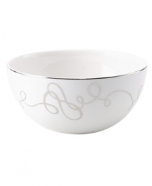 Sweet yet sophisticated, a loopy heart design sweeps across the Love Story soup bowl from Mikasa. Complete with a sparkling platinum rim, this romantic ribbon pattern captivates everyone at your dinner table.