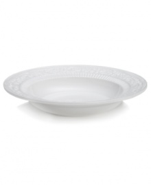 A little bit country. Made for the rigors of daily use but with an embossed design that's entirely graceful, the American Countryside rim soup bowl from Mikasa promises well-balanced dining in classic white stoneware.