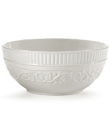 A little bit country. Made for the rigors of daily use but with an embossed design that's entirely graceful, the American Countryside cereal bowl from Mikasa promises well-balanced dining in classic white stoneware.