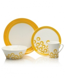 Circle 'round the table for a taste of retro fun! From Mikasa dinnerware, dishes from the Circle Chic Yellow porcelain place settings feature rings of cheerful yellow that bounce playfully around in a mod pattern for festive everyday meals and entertaining. Colorful rims brighten plates while accompanying pieces share a stylish flare. (Clearance)