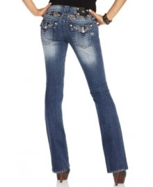 Miss Me pairs chic, bootcut style with jeweled yoke and pocket design on a pair of jeans that elevate your denim closet.