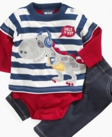 Keep him rocking through the day in this cool bodysuit and pant set from Mini Bean.