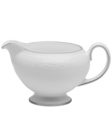 Like traditional embroidery, the Wedgwood English Lace creamer is meticulously crafted with delicate florals, all embossed in fine bone china that's remarkably dishwasher safe. With platinum banding.