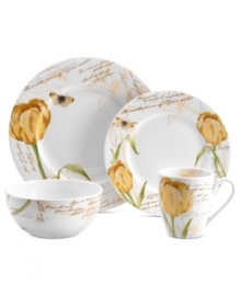 Set the scene at your table with the romantic Seraphine place setting from Mikasa. Lines of poetry and golden tulips sweep across classic white porcelain for every day of the week.