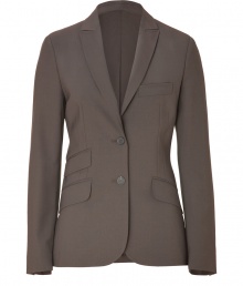 Elegant and understated blazer in mocha-brown wool - Hint of stretch creates a flattering fit - Fitted with moderately deep lapels, two-button front and three flap pockets - Great for daytime with jeans and heels, or with a pencil skirt or matching pants for a professional office look