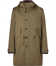 The classic army coat goes luxe with this style-centric iteration from Burberry Brit - Drawstring hood with checked knit lining, stand-up collar, long sleeves, belted cuffs, buttoned epaulettes, two-way front zip, button panel, drawstring waistline, snapped flap pockets, drawstring fishtail hemline, zip-away checked knit vest lining - Classic straight fit - Wear with everything from jeans and boots to tailored trousers and button-downs