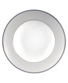 Fashion-forward design for the table, this rim soup bowl features a softly textured pearlescent gray border inspired by tulle.