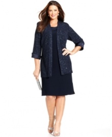 R&M Richards' plus size dress and jacket make a dazzling evening ensemble--the shift silhouette is classic while the long, glittered jacket adds the perfect dose of sparkle.