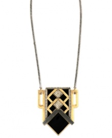 A daring display. RACHEL Rachel Roy's necklace is crafted from gold-tone mixed metal, with silver-ox tone details along jet black enamel. Sparkling glass stones add luster. Approximate length: 14 inches + 2-inch extender. Approximate drop: 2-3/4 inches.