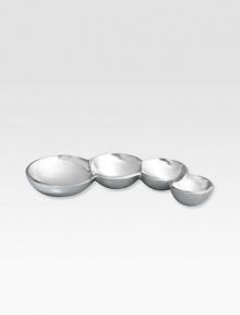 Created by Lisa Smith, this coyly curved set of joined bowls is as sensual as it is functional, perfect for condiments, tea lights or treasures.MetalCan be heated to 500-degreesCan be cooled in the freezerHand wash17½L X 8W X 2HImported