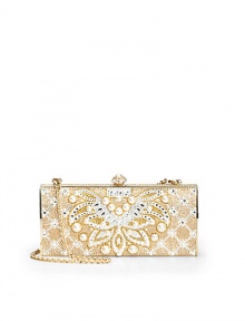 THE LOOKRemovable tuck-away chainElongated rectangular boxOpulent beadwork with two-tone and pearl-inspired crystalsJewel clasp push-lock closureInside logo detailTHE MEASUREMENTShoulder chain, 9 drop6½W X 3H X 1½DTHE MATERIALCrystalsMetal boxMetallic leather liningORIGINMade in Italy