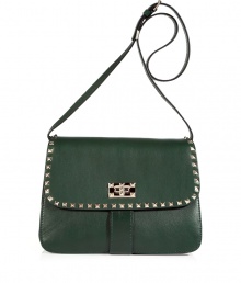 Dainty, dark green leather handbag with edgy, decorative studs is an updated classic - Features a long shoulder strap, flap closure and thin, box shape - Excellent choice to carry during the day or evening