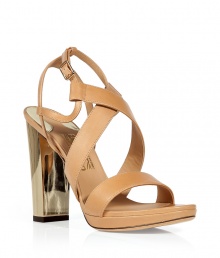 Inject classic style into your look with these ultra chic sandals from Salvatore Ferragamo - Multi-strap front, small front platform, ankle strap with buckle closure, chunky metallic heel - Style with a flowing maxi-dress, a loose knit cardigan, and a floppy hat