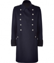 Bundle up in style in this fine navy-blue wool coat - Military style with classic double-breast, shoulder bars, wide sleeves, flap pockets and silver buttons - Lifetime investment piece - Wear with a suit, or casual jeans or corduroys and a cashmere pullover