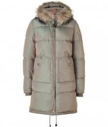 Stay warm in style with this down parka from Parajumpers - Fur trimmed hood with clasp closure, concealed front zip closure, long sleeves with logo at shoulder, zip pockets, side zips at hem, quilted, water resistant lining, back zip slit and drawstring - Style with skinny jeans, a cashmere sweater, and shearling boots