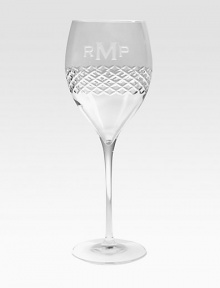 Sparkling faceted diamond cuts add Deco-inspired style to this personalized set of glassware. Set of 4Clear glass9.25 highDishwasher safeMade in ItalyFOR PERSONALIZATIONSelect a quantity, then scroll down and click on PERSONALIZE & ADD TO BAG to choose and preview your personalization options. Please allow 2 weeks for delivery.